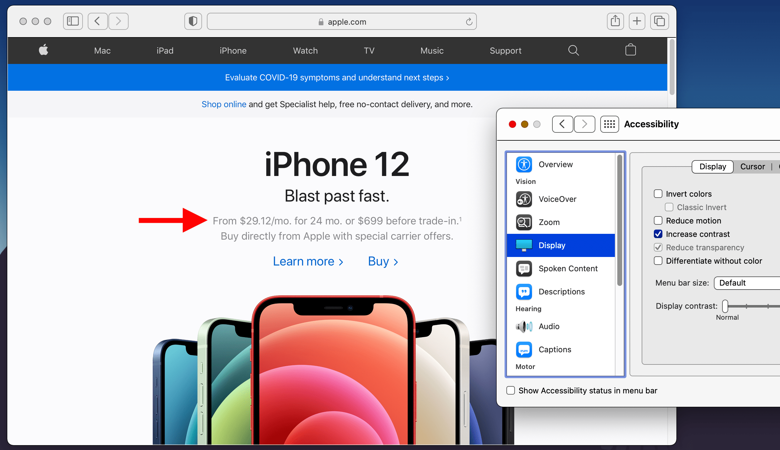 Screenshot of the iPhone 12 landing page on Apple's website. A big red arrow points out light grey text on the page.